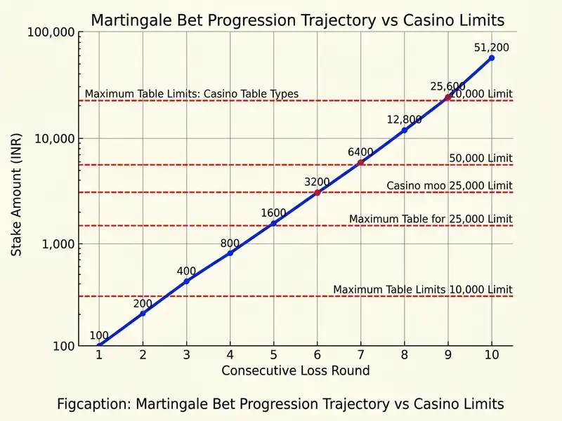 Graph showing Martingale betting system stake escalation hitting table limits