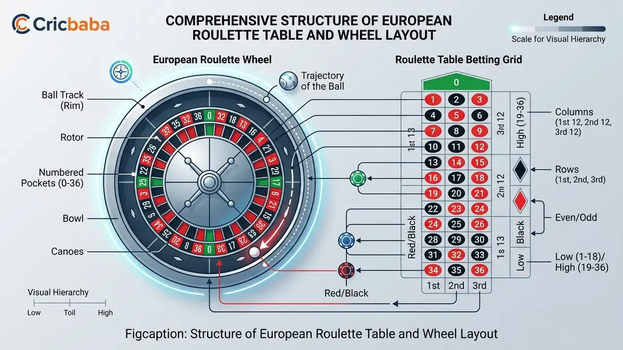 Diagram of a single-zero European roulette table and wheel layout showing inside and outside betting zones